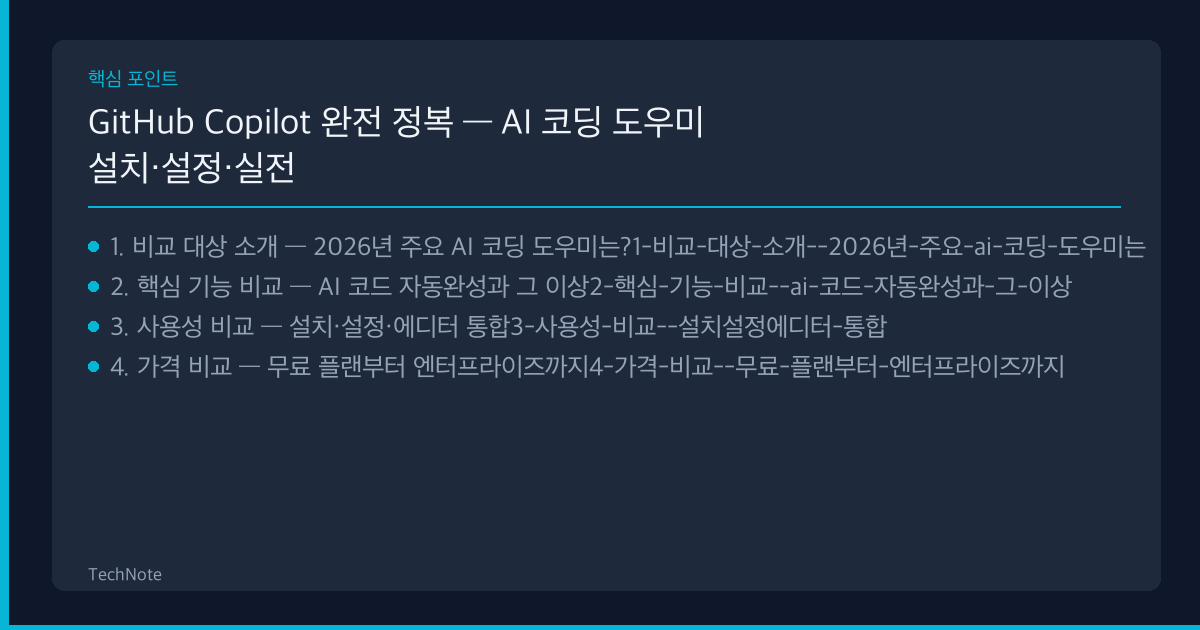 GitHub Copilot 완전 정복 — AI 코딩 도우미 설치·설정·실전 활용 비교 핵심 포인트